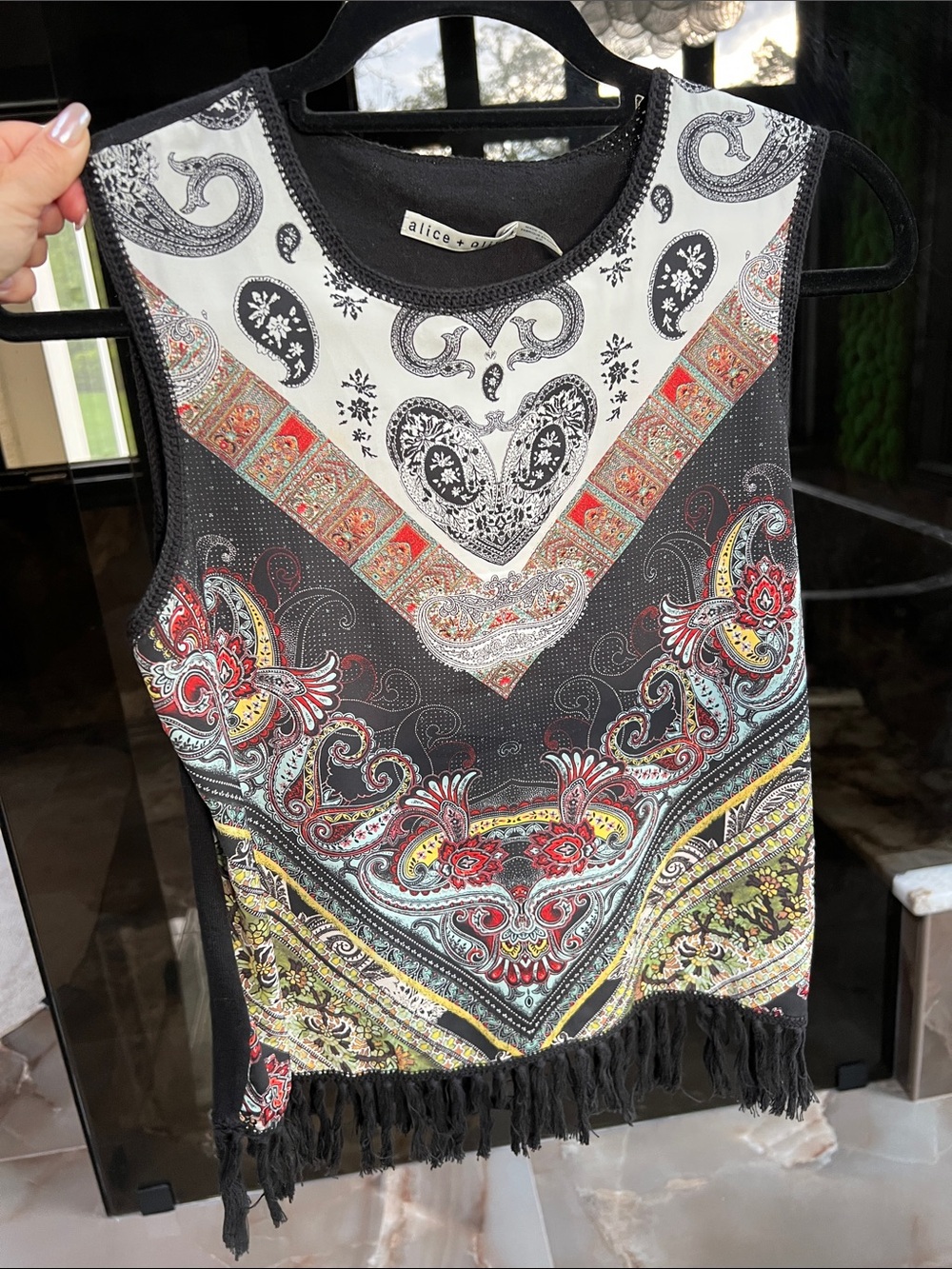 Alice + Olivia Black Paisley Fringe Tank with Multicolor Print